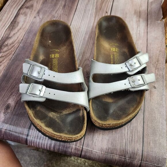 Birkenstock Silver Slide Sandals with‎ Cork Footbed Sz L9 M7 - Picture 13 of 13